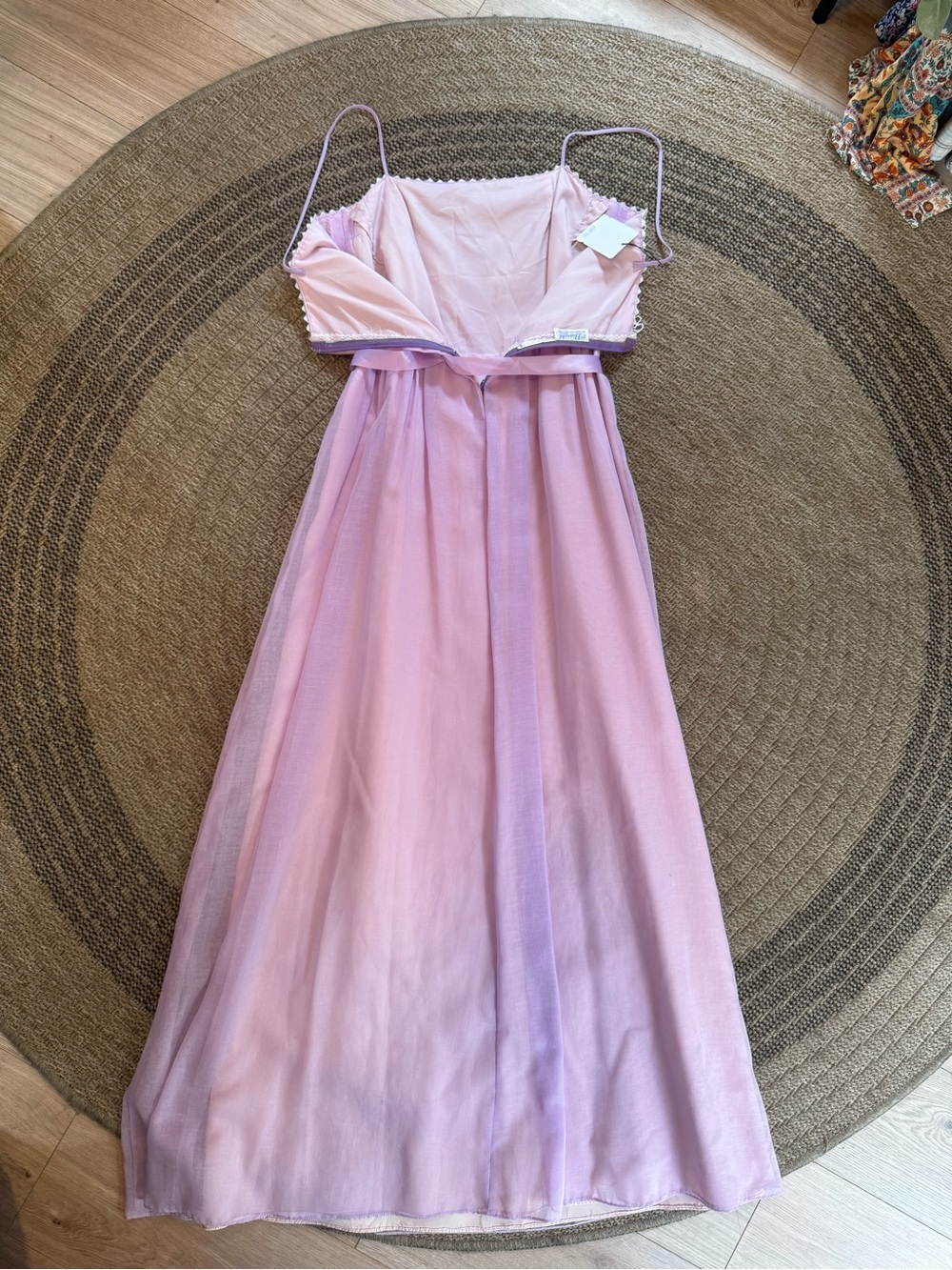 vintage lavender maxi dress white lace trim straight neckline spaghetti straps - Picture 10 of 13